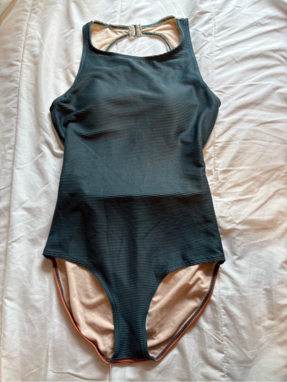 Classic High-Neck Swimsuit in Deep Teal Front and Cream and Burnt Orange Back